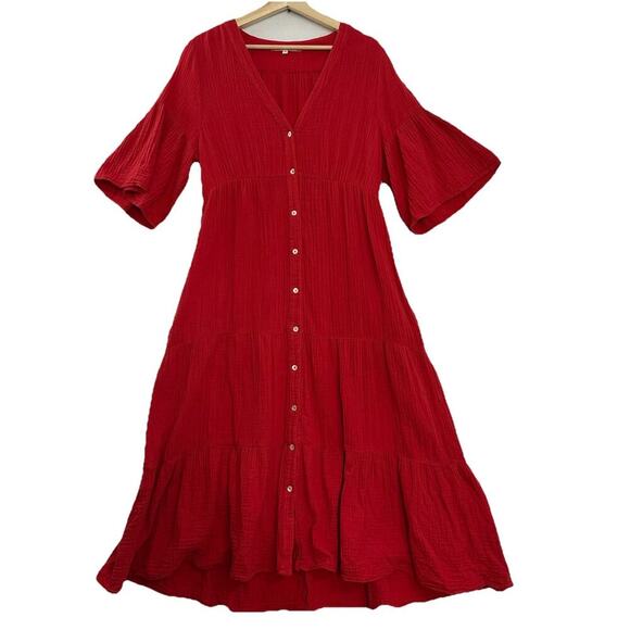 Xirena Kendall Midi Dress Women Medium Red Gauzy Pockets Relaxed Fit Slight Fade - Picture 2 of 16